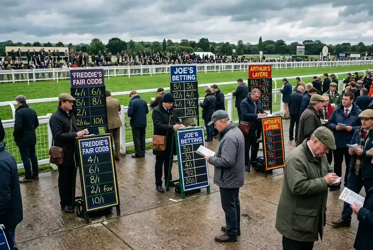 Bookmakers displaying odds boards in the betting ring at a UK racecourse