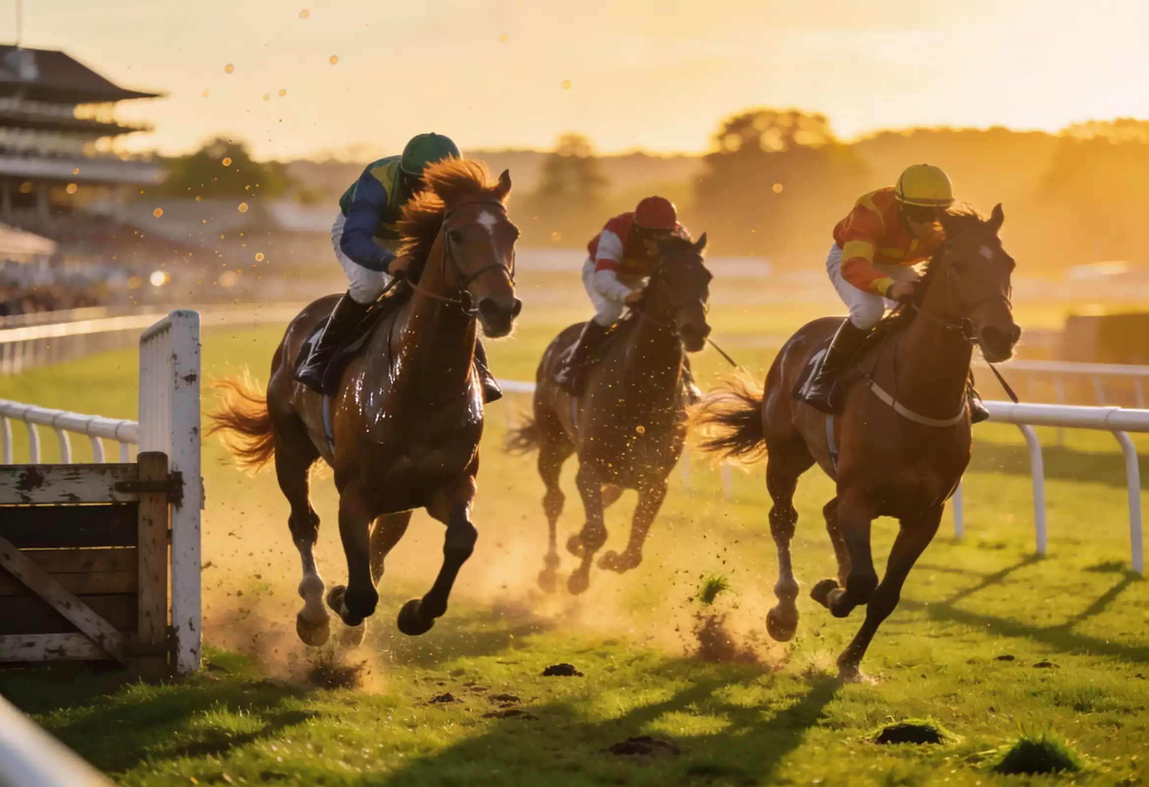 Thoroughbred racehorses galloping on a British turf racecourse