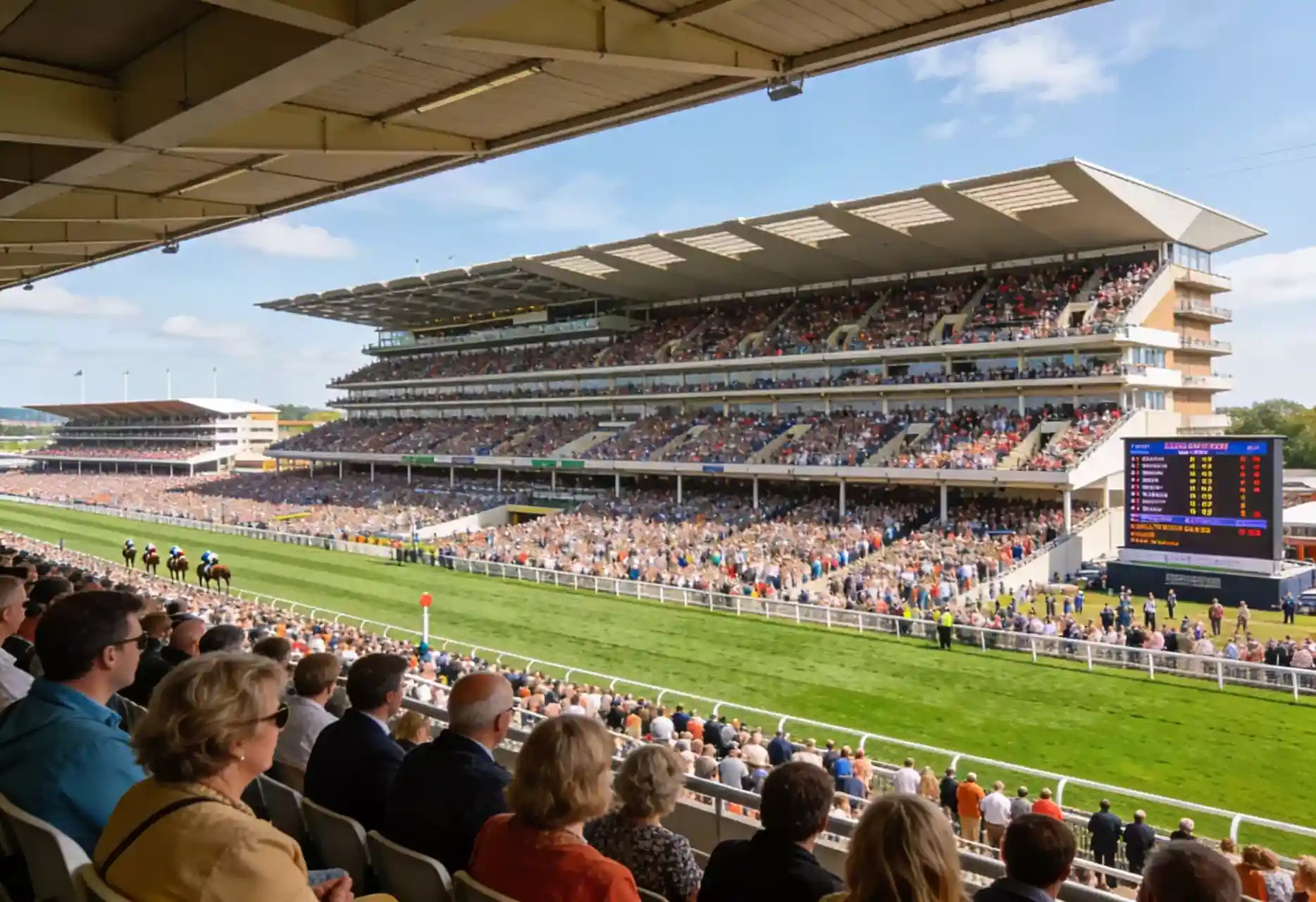 Packed grandstand at a British racecourse on a major race day